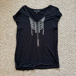 Rock & Republic Black Short Sleeve Top with Silver Bead and Tassels Size M